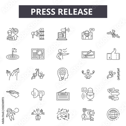 Press release line icons, signs set, vector. Press release outline concept illustration: press,media,release,newspaper,web,news,information,marketing