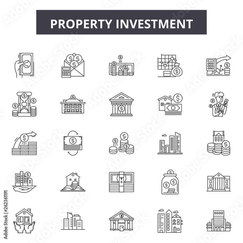 Property investment line icons, signs set, vector. Property investment outline concept illustration: property,business,investment,concept,estate,house