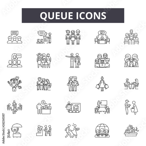 Queue line icons, signs set, vector. Queue outline concept illustration: queue,flat,crowd,group,waiting
