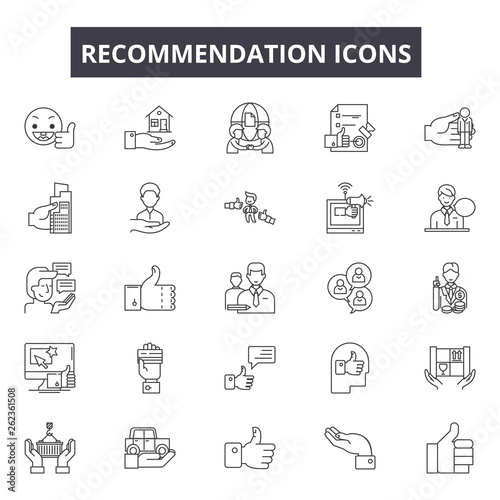 Recommendation line icons, signs set, vector. Recommendation outline concept illustration: button,deweb,feedback,isolated