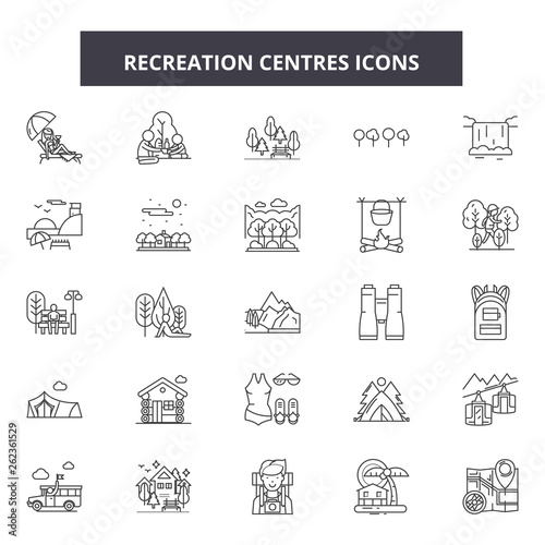 Recreation centres line icons, signs set, vector. Recreation centres outline concept illustration: recreation,sport,center,gym,pictogram,health,fitness