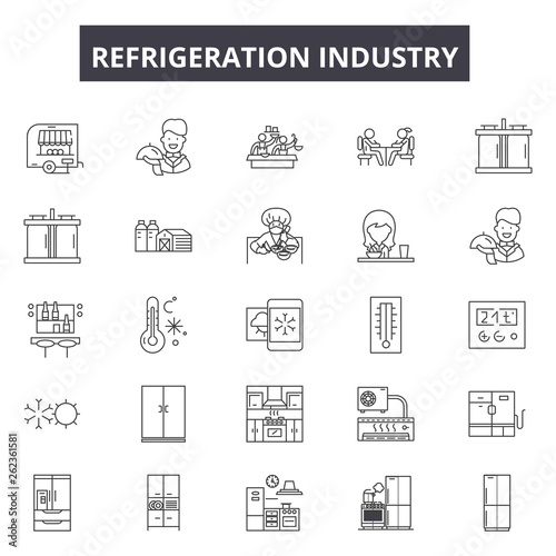 Refrigeration industry line icons, signs set, vector. Refrigeration industry outline concept illustration: technology,equipment,refrigerator,food,industry,appliance