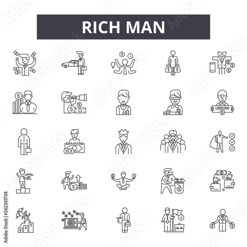 Rich man line icons, signs set, vector. Rich man outline concept illustration: rich,man,business,money,person,businessman,people