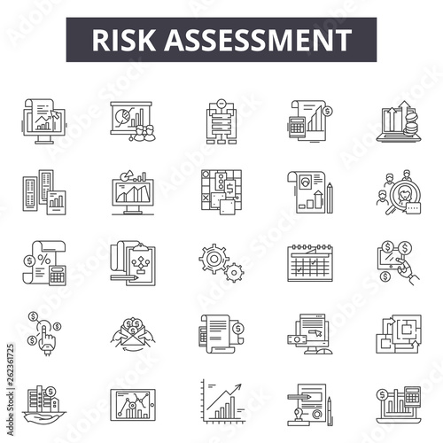 Risk assessment line icons, signs set, vector. Risk assessment outline concept illustration: risk,assessment,analysis,business,management,control,audit,data