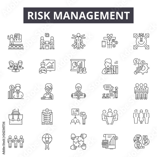 Risk management line icons, signs set, vector. Risk management outline concept illustration: risk,business,management,concept,finance,security,investment