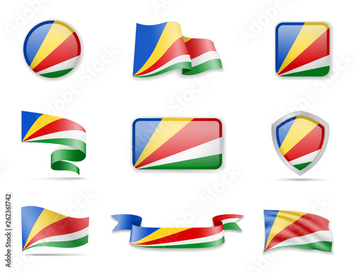 Seychelles flags collection. Vector illustration set flags and outline of the country.