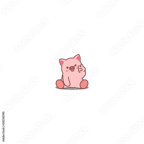 Cute pig showing V sign hand and winking eye cartoon icon, vector illustration