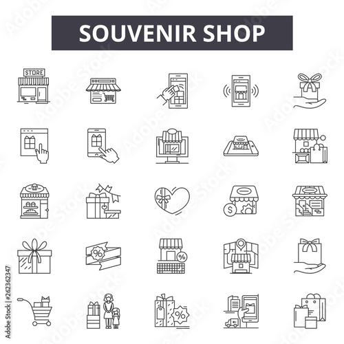 Souvenir shop line icons, signs set, vector. Souvenir shop outline concept illustration: souvenir,deshop,gift,background,travel photo