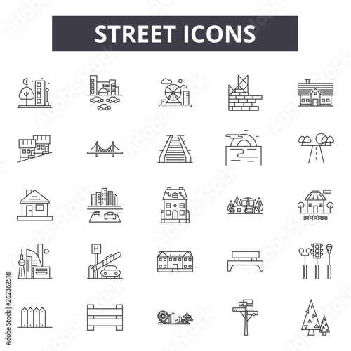 Street line icons, signs set, vector. Street outline concept illustration: street,road,travel,traffic,map,direction