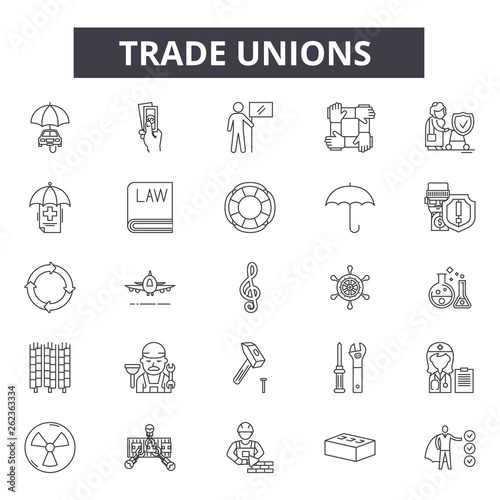 Trade unions line icons, signs set, vector. Trade unions outline concept illustration: trade,union,concept,business,company