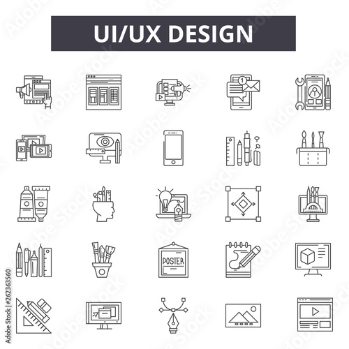 Ui ux design line icons, signs set, vector. Ui ux design outline concept illustration: business,deweb,interface,technology,template,symbol