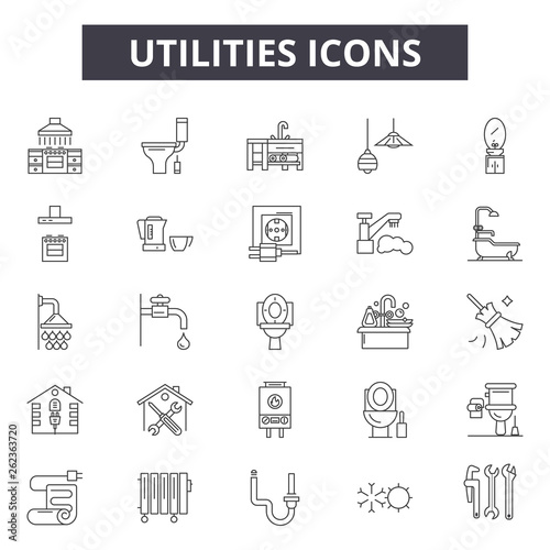 Utilities line icons, signs set, vector. Utilities outline concept illustration: energy,electricity,water,supply,house,service