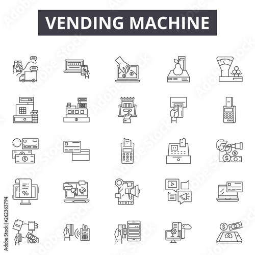 Vending machine line icons, signs set, vector. Vending machine outline concept illustration: vending,machine,buy,automatic,dispenser,coin