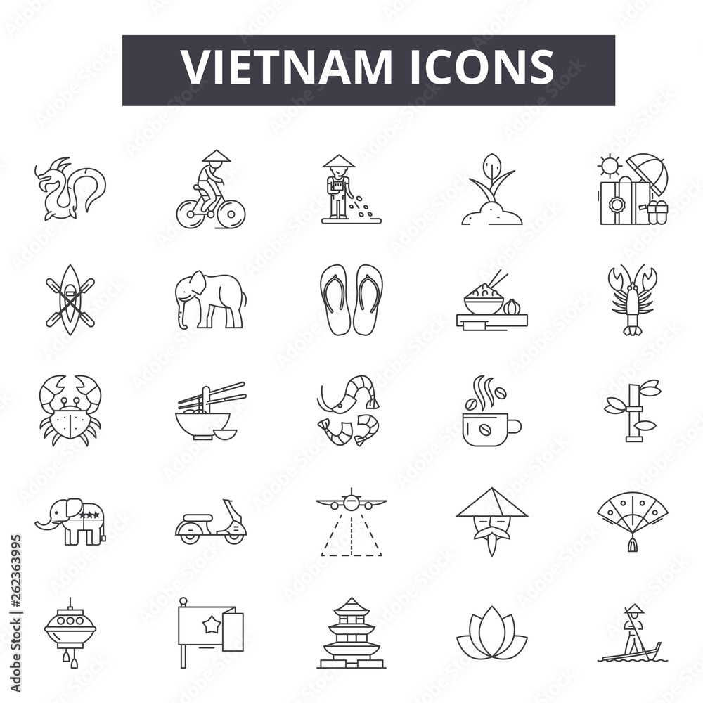 Vietnam line icons, signs set, vector. Vietnam outline concept illustration: vietnam,travel,tourism,vietnamese,city,asia
