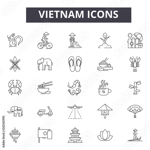 Obraz na płótnie Vietnam line icons, signs set, vector. Vietnam outline concept illustration: vietnam,travel,tourism,vietnamese,city,asia w salonie