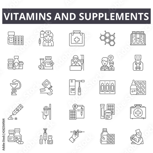 Vitamins and supplements line icons, signs set, vector. Vitamins and supplements outline concept illustration: health,vitamin,healthy,food,nutrition,supplement,set