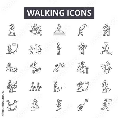 Walking line icons, signs set, vector. Walking outline concept illustration: man,pictogram,walk,traffic,road