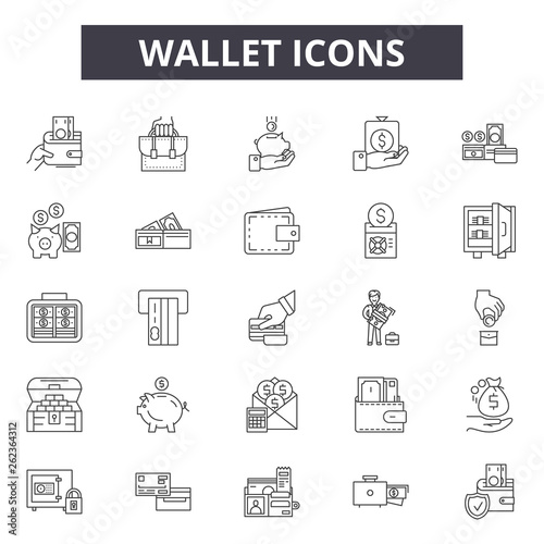 Wallet line icons, signs set, vector. Wallet outline concept illustration: money,wallet,finance,cash,currency,business,card