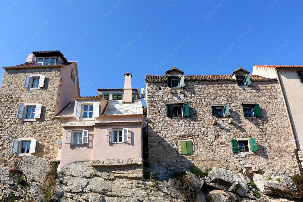 Historical traditional houses on a cliff, landmark in Split, Croatia.