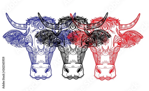 The cow's head. A cow with big horns and fluffy ears. Drawing manually in vintage style. Meditative coloring. Coloring for children. Arrows, points, patterns, waves.