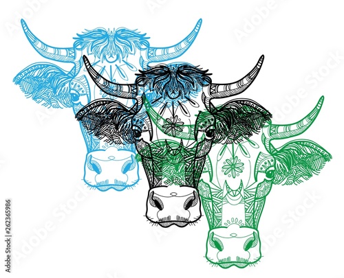 The cow's head. A cow with big horns and fluffy ears. Drawing manually in vintage style. Meditative coloring. Coloring for children. Arrows, points, patterns, waves.