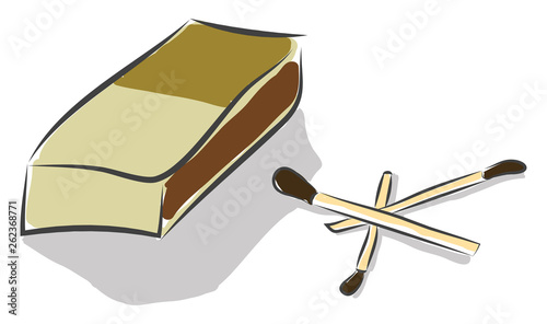 A matchbox and three unburnt sticks vector or color illustration