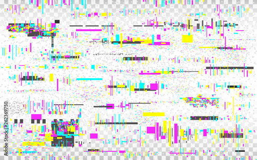 Glitch vhs background. Color distortions on transparent backdrop. Digital abstract noise. Glitched texture. Television no signal. Video error template. TV problem. Vector illustration