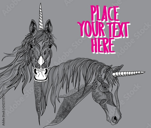 The head of the unicorn. A horse with a long mane. Meditative coloring, doodling drawing. Drawing by hand. Coloring for children.