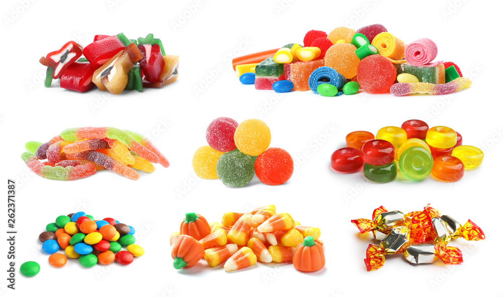 Set of different tasty candies on white background - obrazy, fototapety, plakaty 