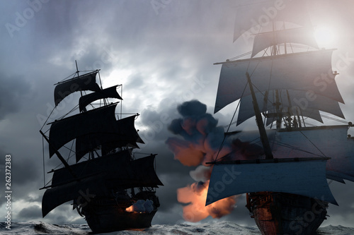 sea battle with a sailing pirate ship 3d,render