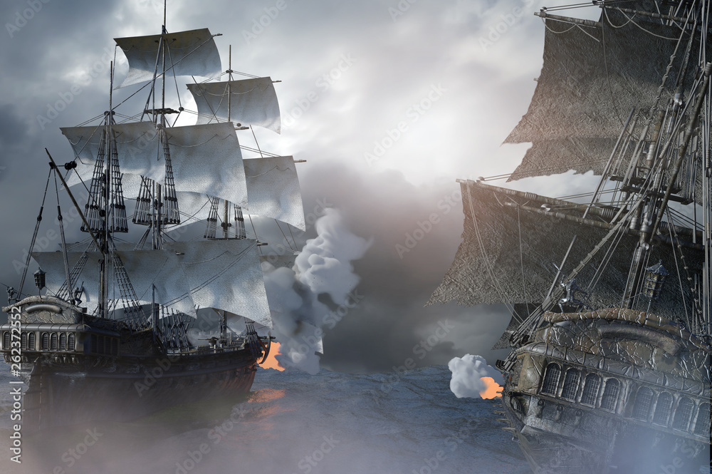 sea battle with a sailing pirate ship 3d,render Stock Illustration