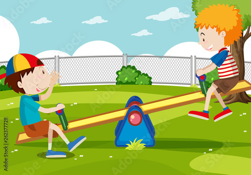 Boy and girl playing seesaw