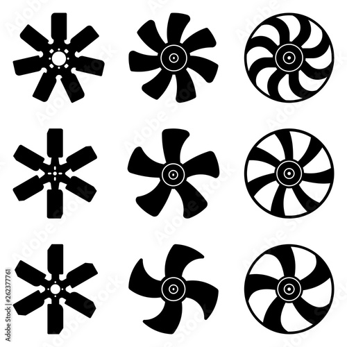 Fan blade. Car cooling system. Silhouette vector icons