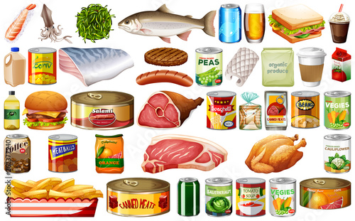 Set of food on white background