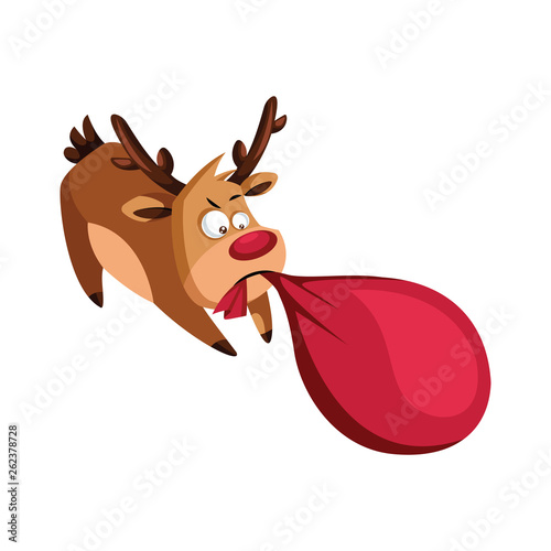 Christmas deer pulling heavy bag with pressents vector illustration on a white background