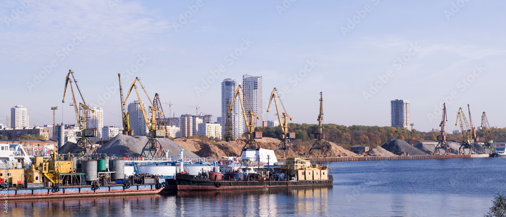 industrial sea harbor with ship and crane. background, business.