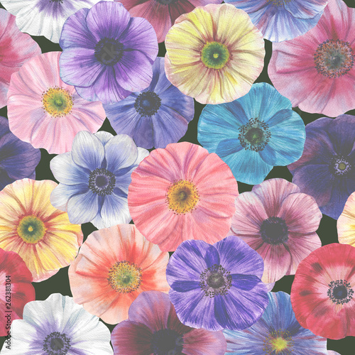 Seamless watercolor flowers pattern. Poppies flowers. Hand painted flowers of different colors. Flowers for design.