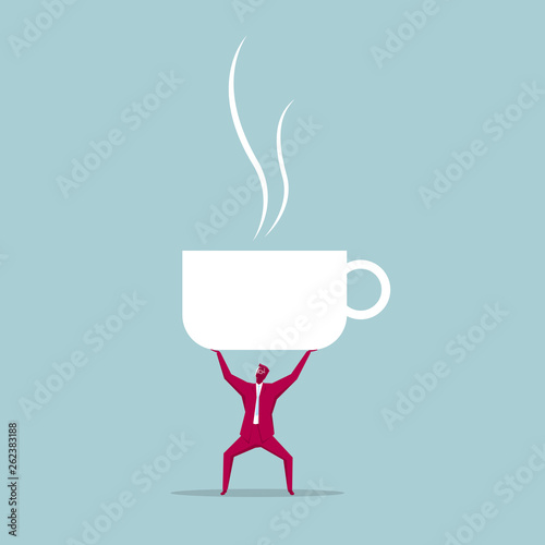 Businessman holds up a huge coffee cup. Isolated on blue background.