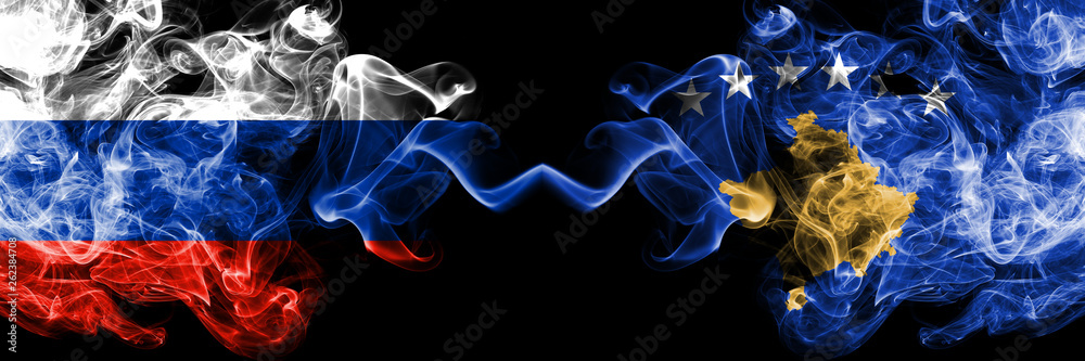 Russian vs Kosovo, Serbia smoke flags placed side by side. Thick colored silky smoke flags of Russia and Kosovo, Serbia