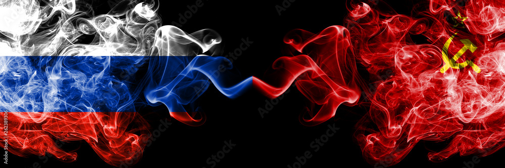 Russian vs USSR, Communist smoke flags placed side by side. Thick colored silky smoke flags of Russia and USSR, Communist Russian vs USSR, Communist smoke flags placed side by side. Thick colored silky smoke flags of Russia and USSR, Communist