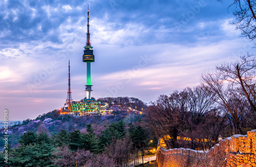 Obraz na płótnie Night view of namsan tower in seoul city south Korea w salonie
