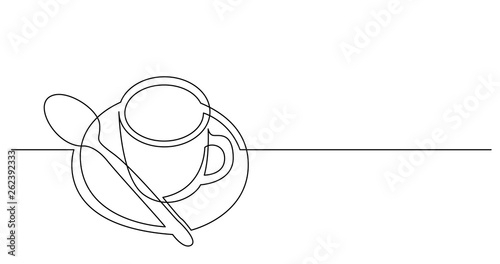 continuous line drawing of cup of coffee with spoon and saucer