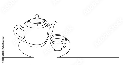 continuous line drawing of cup of tea and tea pot