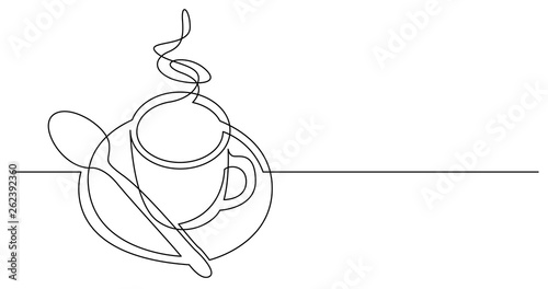 continuous line drawing of cup of hot coffee with spoon and saucer