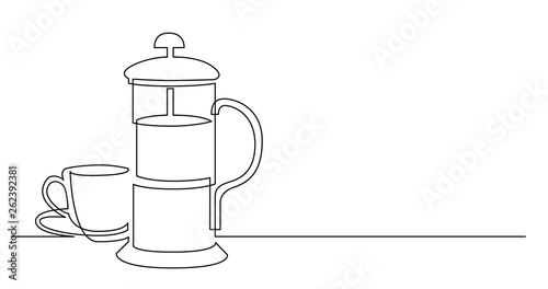 continuous line drawing of french press and cup of coffee