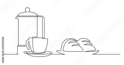 contiuous line drawing of french press cup of coffee and croissants