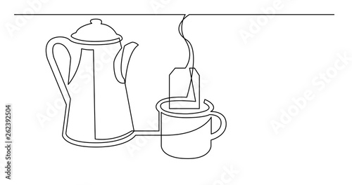 contiuous line drawing of tea pot tea bag and mug