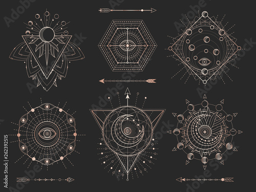 Vector set of Sacred geometric symbols and figures on black background. Gold abstract mystic signs collection.
