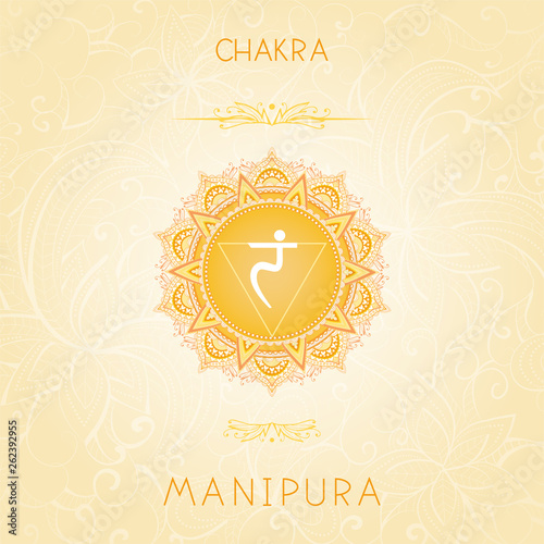 Vector illustration with symbol chakra Manipura on ornamental background.