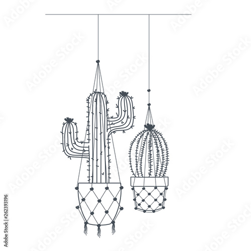 cactus on macrame hangers isolated icon
